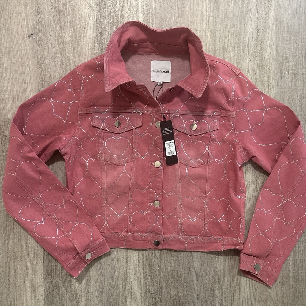 Fashion Nova Pink Heart-Pattern Cropped Denim Jacket